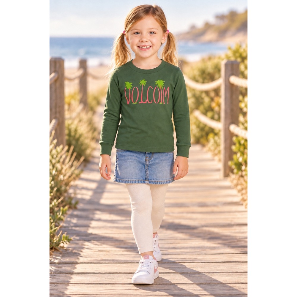 Volcom Girls XXS 4 Green Long Sleeve Shirt Palm Tree Logo NWT Casual